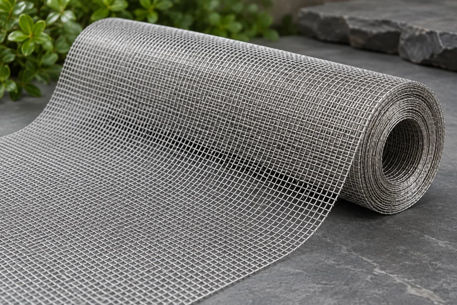 Lightweight silver aluminium woven fine square insect screening mesh roll with curled end on grey studio surface