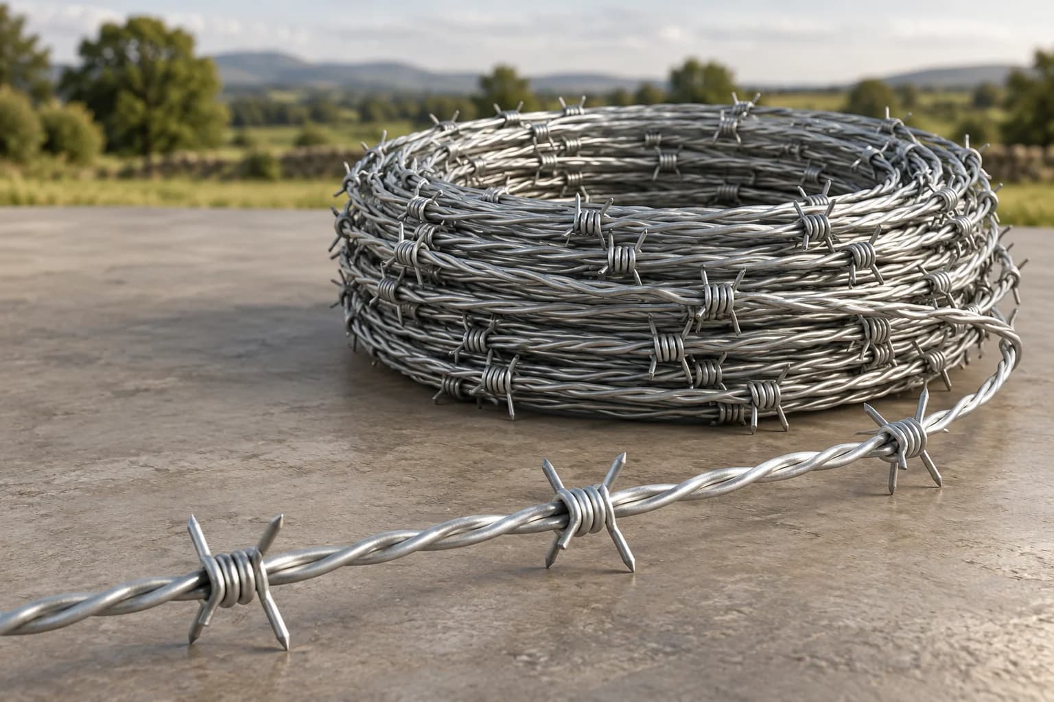 A tidy coil of double strand galvanized barbed wire on warm grey studio floor with one strand extending towards camera