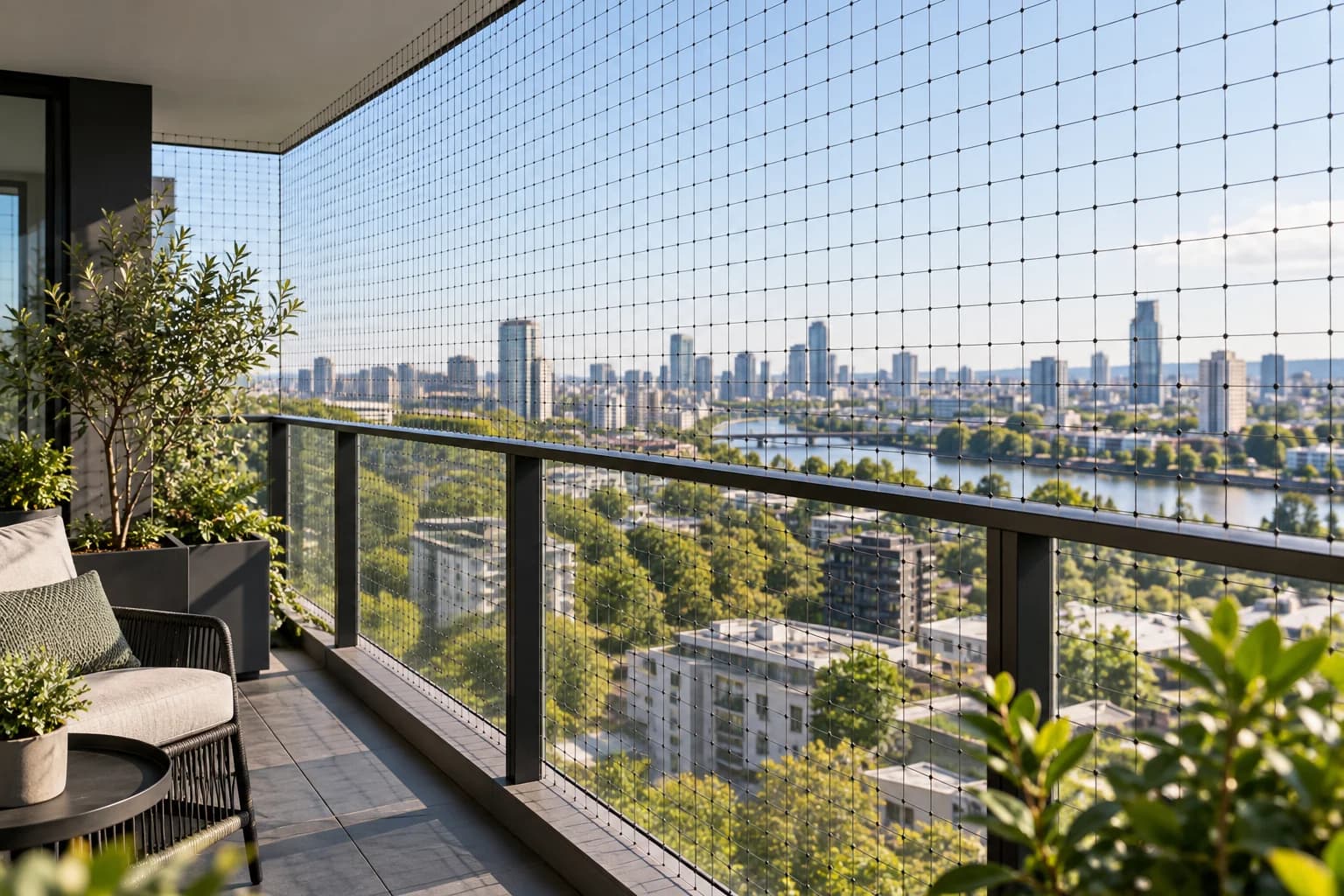 Fine black bird protection net installed over a sunny apartment balcony