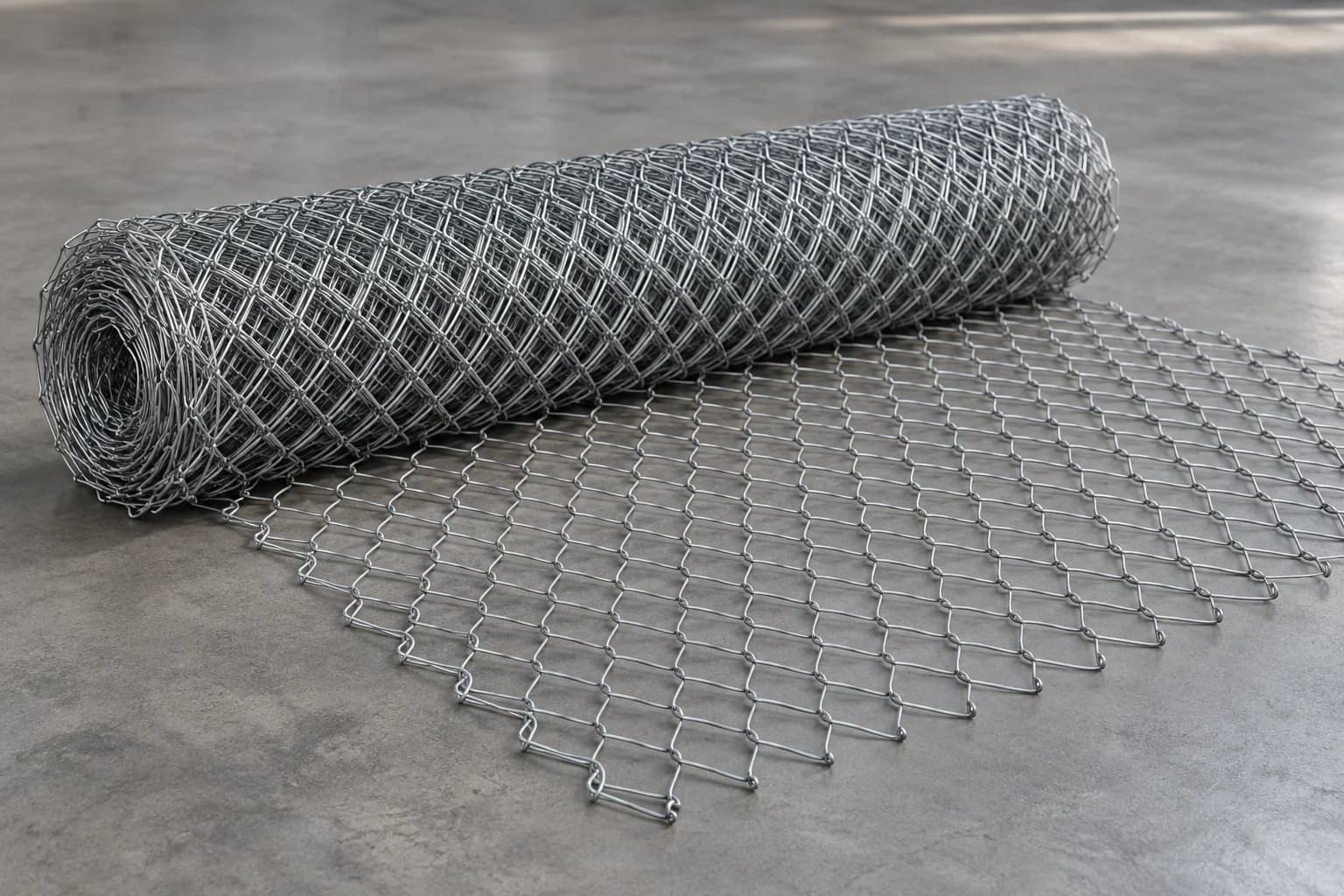 Single silver galvanized chain link mesh roll partially unrolled on neutral grey studio floor
