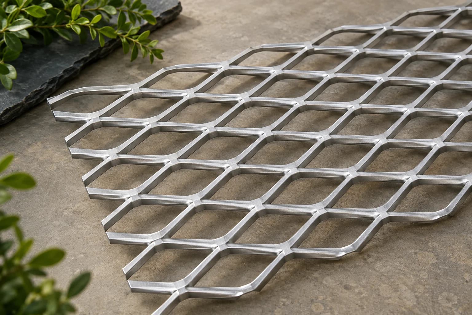 Silver aluminium expanded diamond mesh sheet with dimensional diamond openings on warm neutral studio surface