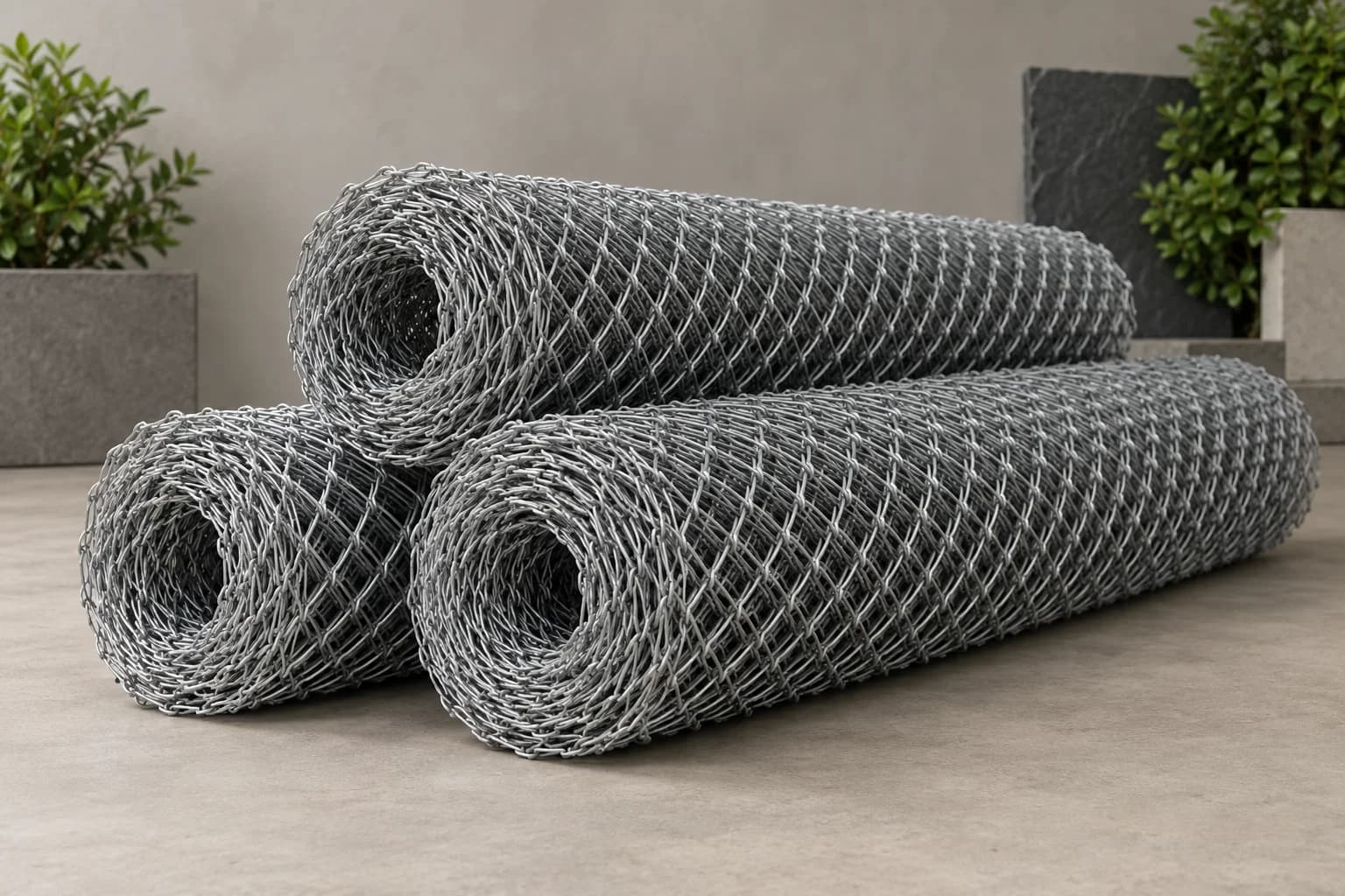 Three galvanized steel chain link mesh rolls on a clean warm grey studio floor