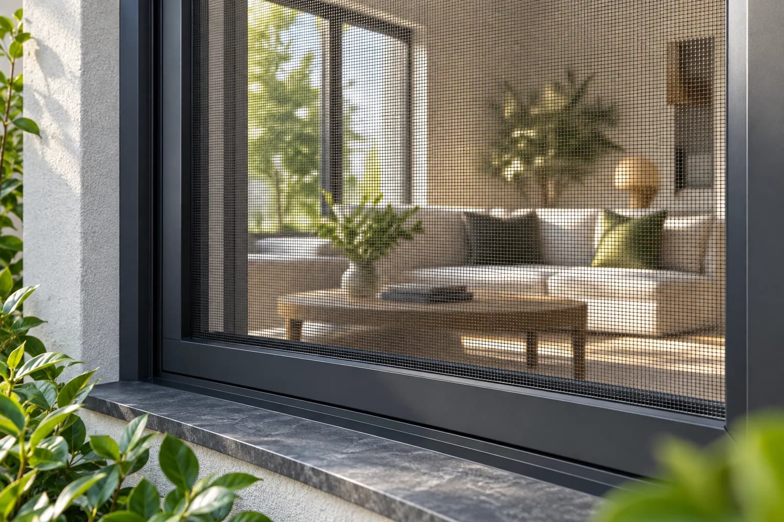 Charcoal fine synthetic mosquito net stretched in a window frame with airy softly lit room behind