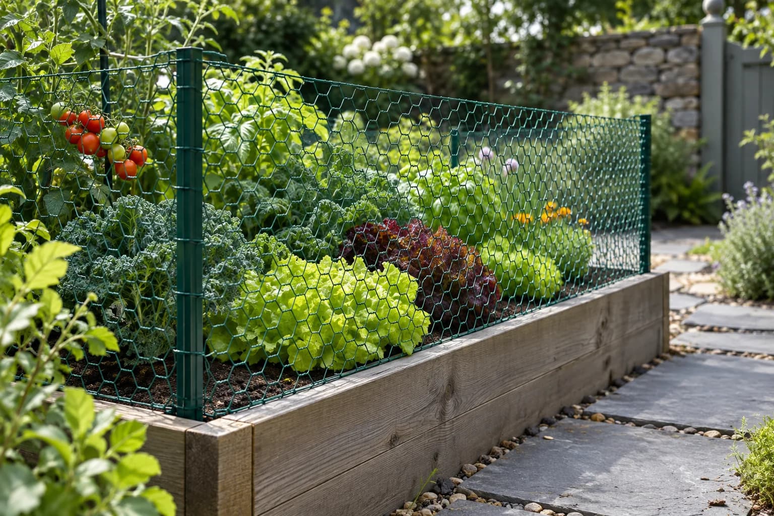 Green PVC coated hexagonal chicken mesh installed around a raised garden bed