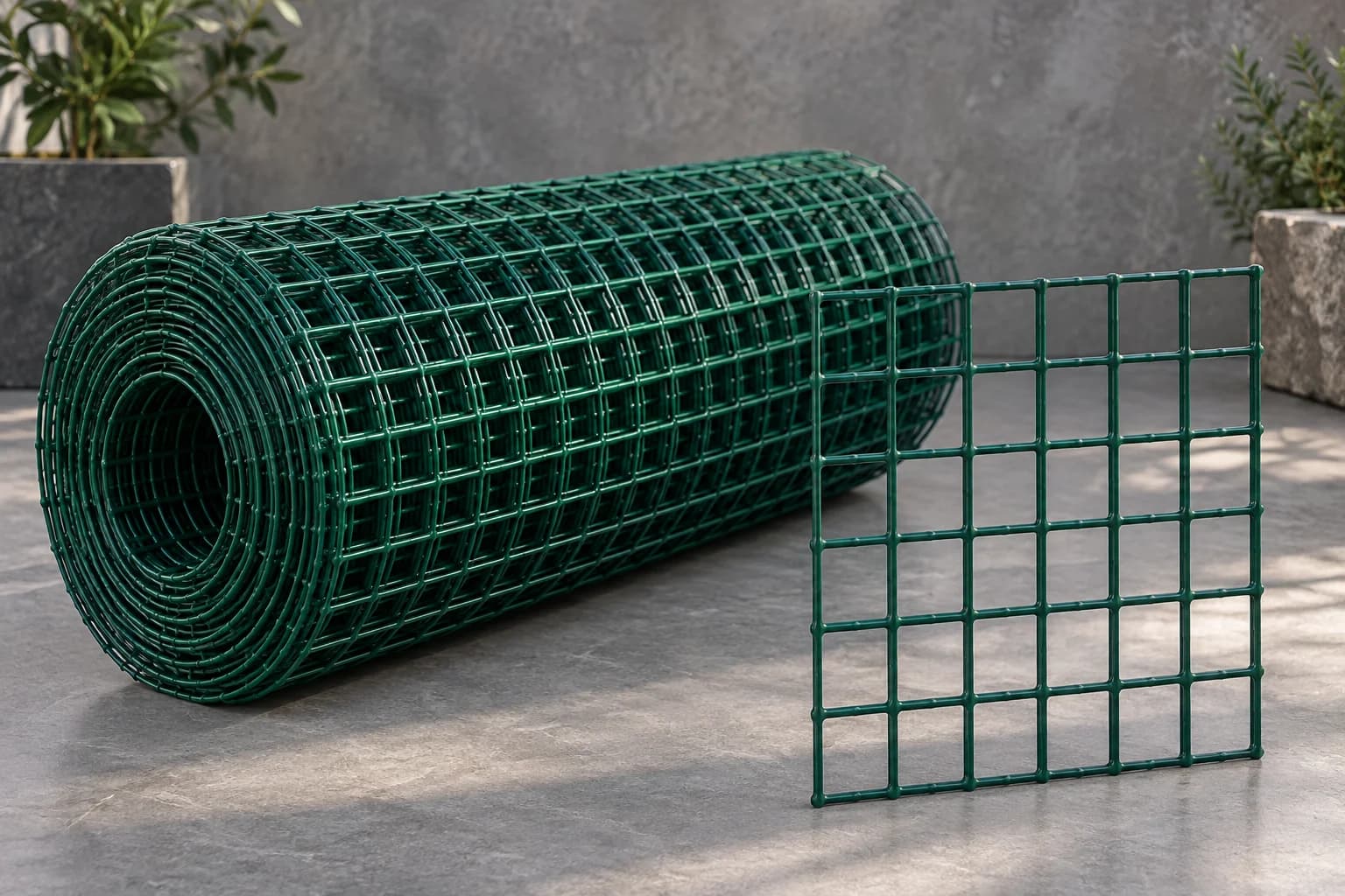 Green PVC coated welded square mesh roll and small panel on neutral studio floor