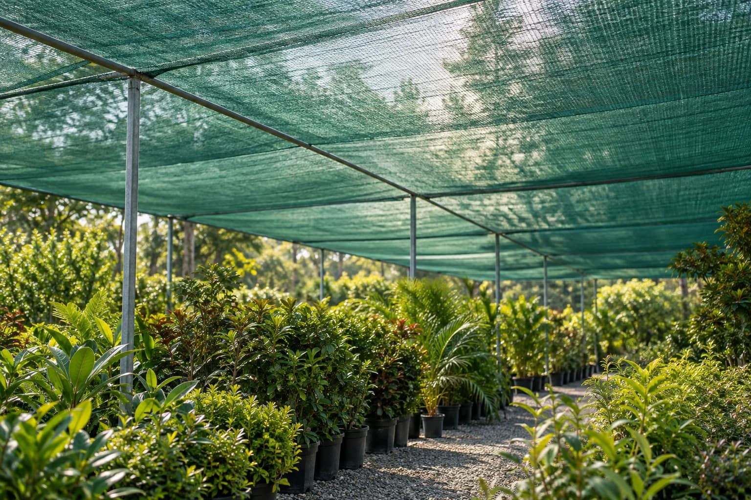 Green woven shade net stretched over nursery plants on simple metal supports