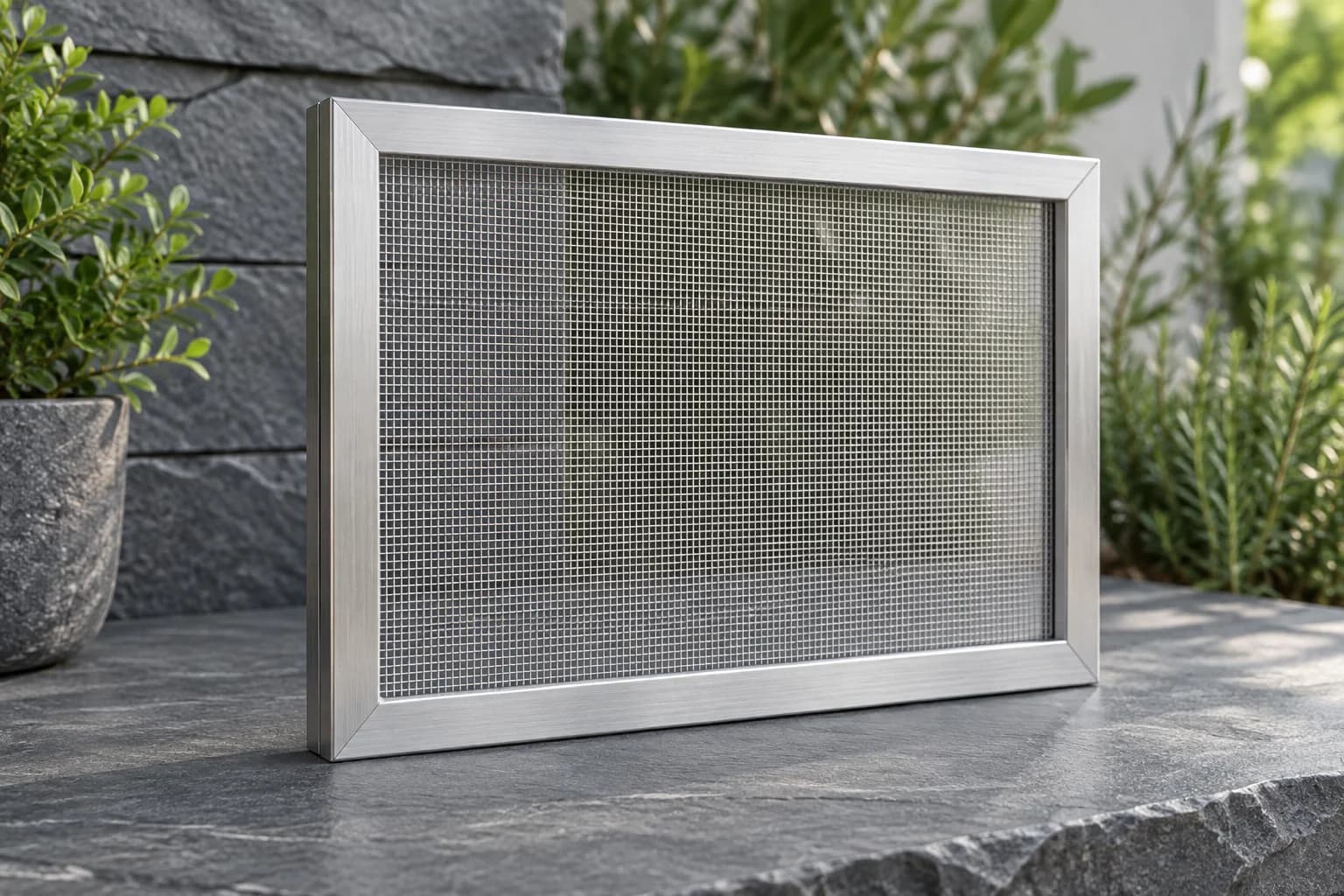 Fine stainless steel insect screen mesh in a silver aluminium window sample frame on studio surface