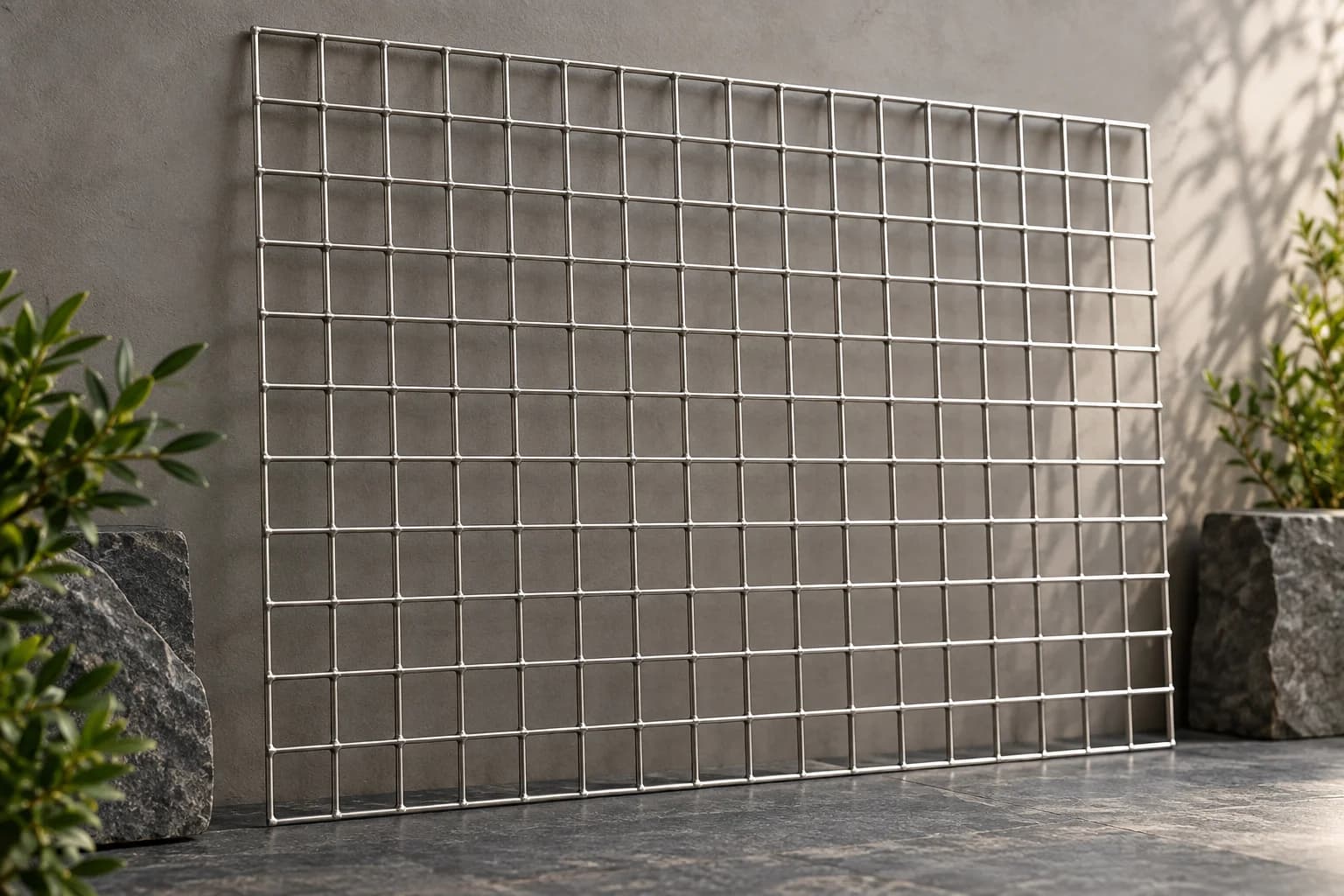 Stainless steel welded square wire mesh sheet leaning against warm grey studio backdrop