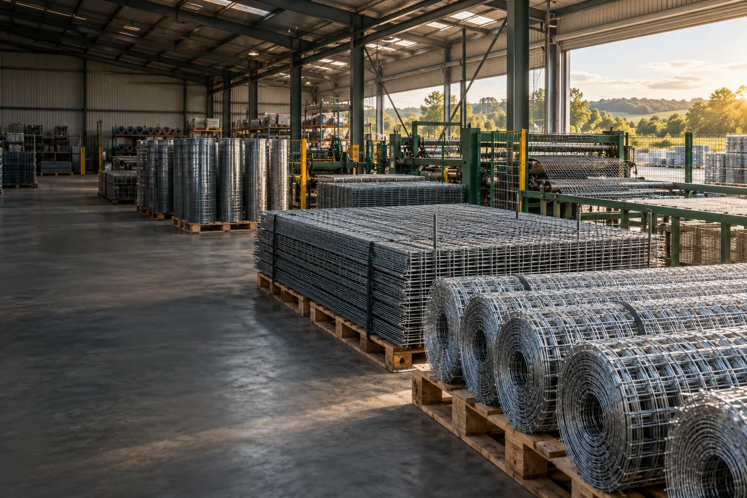 Wide organized wire mesh fabrication workshop with mesh rolls and steel panels