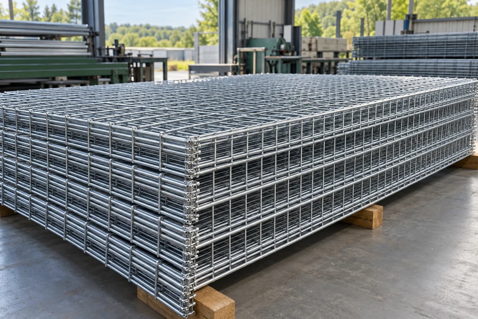 Neatly stacked galvanized welded mesh panels in a tidy fabrication workshop