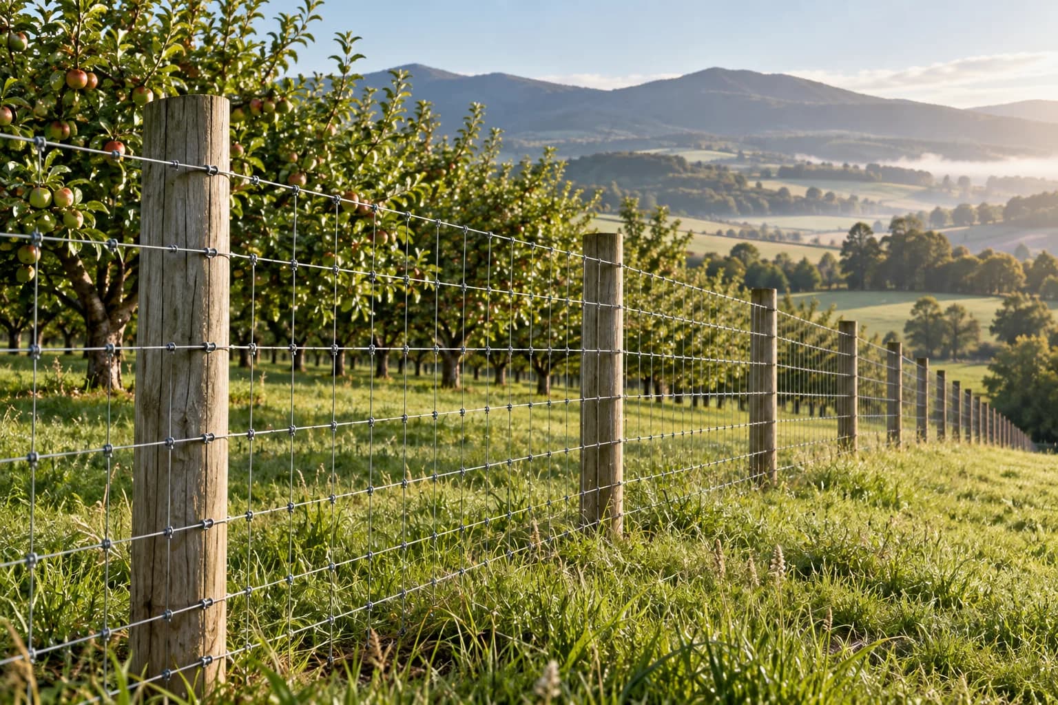 Wire mesh farm fence along a lush green orchard and farmland