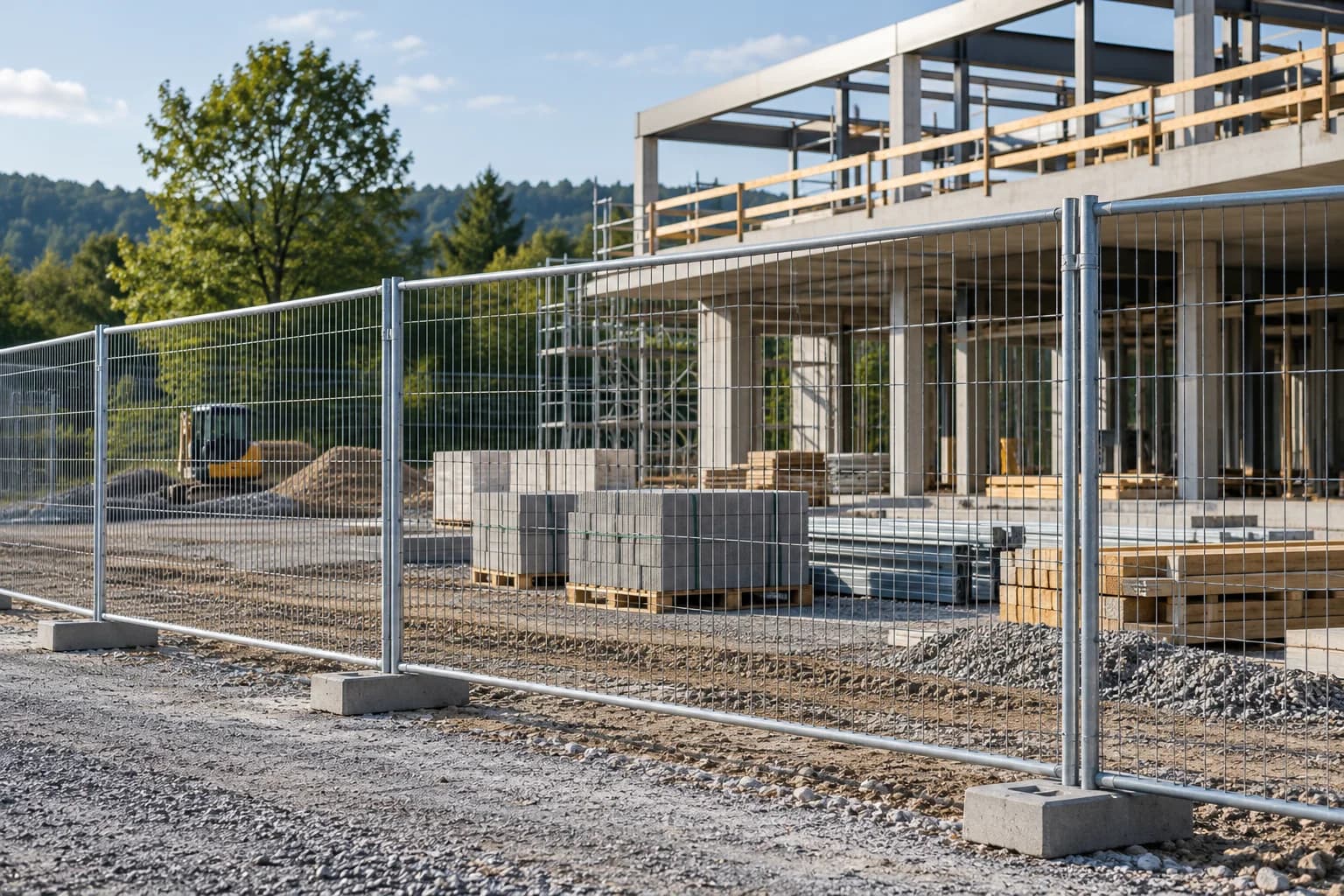 Temporary steel welded mesh fencing panels on concrete feet enclosing an orderly active building site
