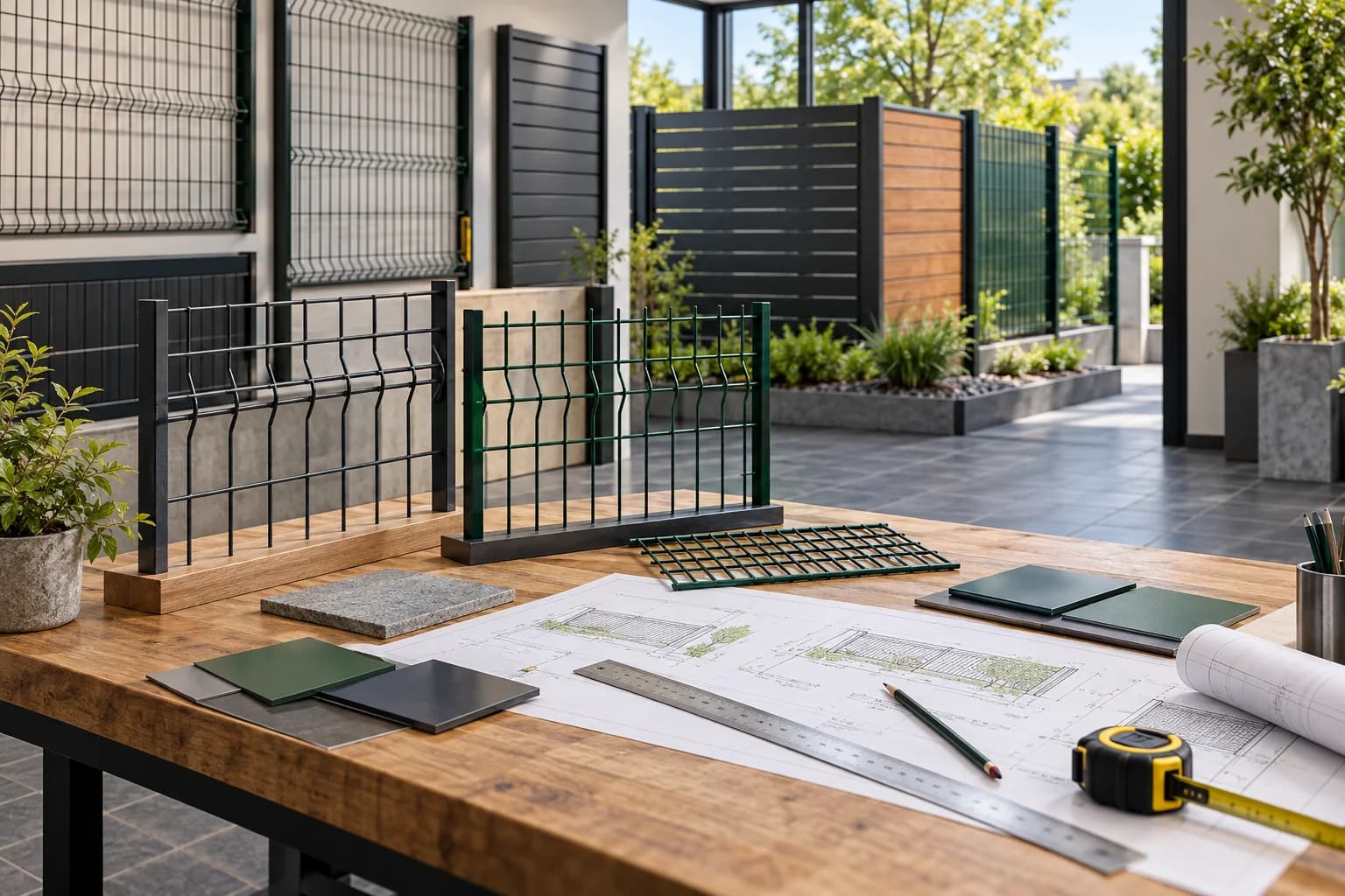 Tidy fencing materials showroom workspace with mesh sample panels