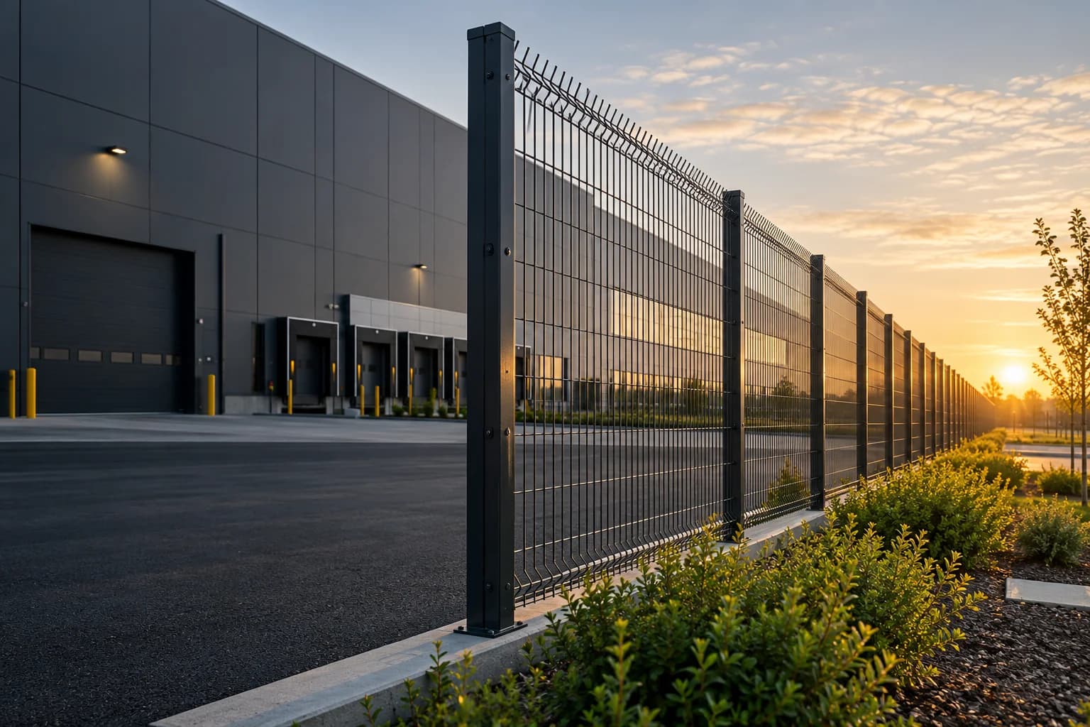 A premium industrial warehouse perimeter with perfectly installed charcoal welded steel mesh fence receding to the right