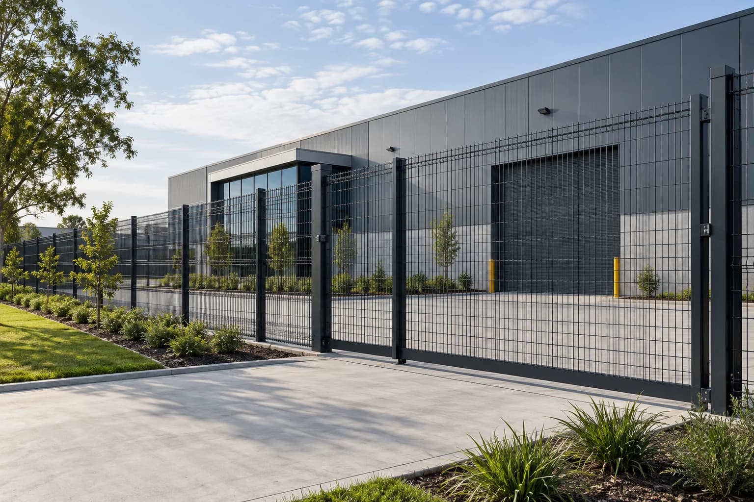 Long charcoal steel mesh fence and access gate enclosing a modern industrial warehouse in daylight