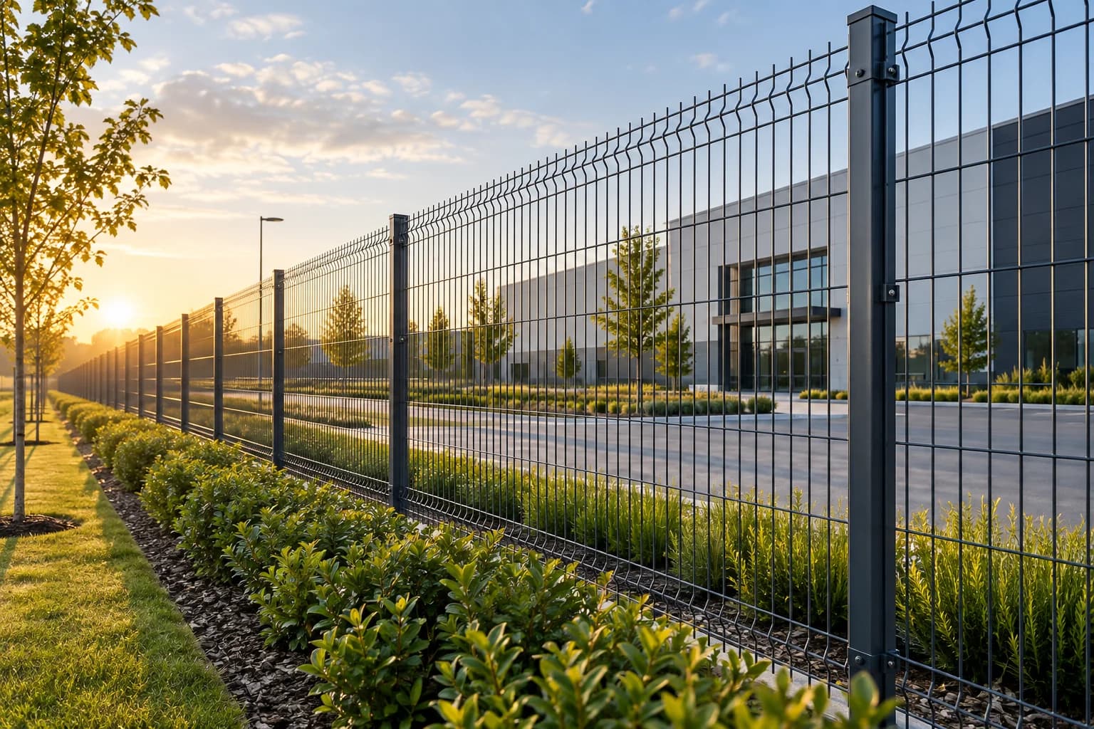 Architectural panorama of long welded mesh perimeter across landscaped industrial property with clear fence in foreground