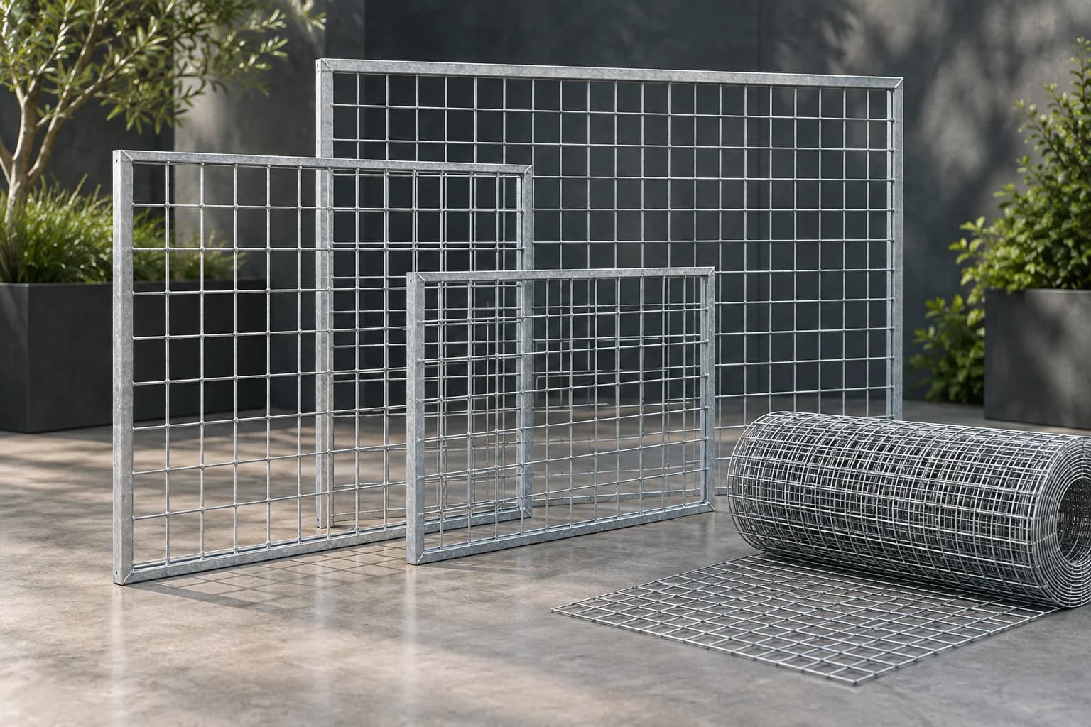 Freestanding galvanized welded steel square grid panels and a partly rolled mesh sheet on neutral studio floor